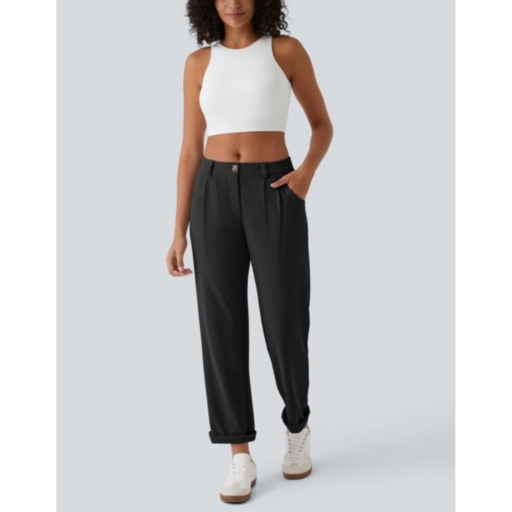 Halara Mid Rise Zipper Pocket Waffle Casual Pants Sz Large Womens Black